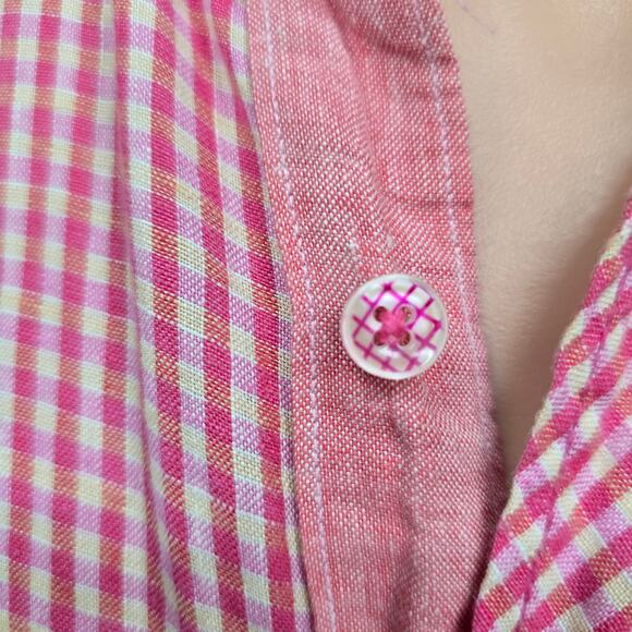 BUGATCHI Uomo Linen Shirt Men L Gingham Check Contrast Flip Cuffs Long Sleeve - Picture 5 of 12